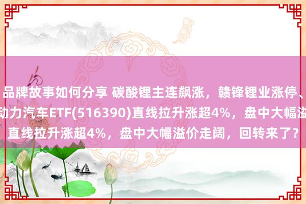 品牌故事如何分享 碳酸锂主连飙涨，赣锋锂业涨停、宁德期间涨3%，新动力汽车ETF(516390)直线拉升涨超4%，盘中大幅溢价走阔，回转来了？